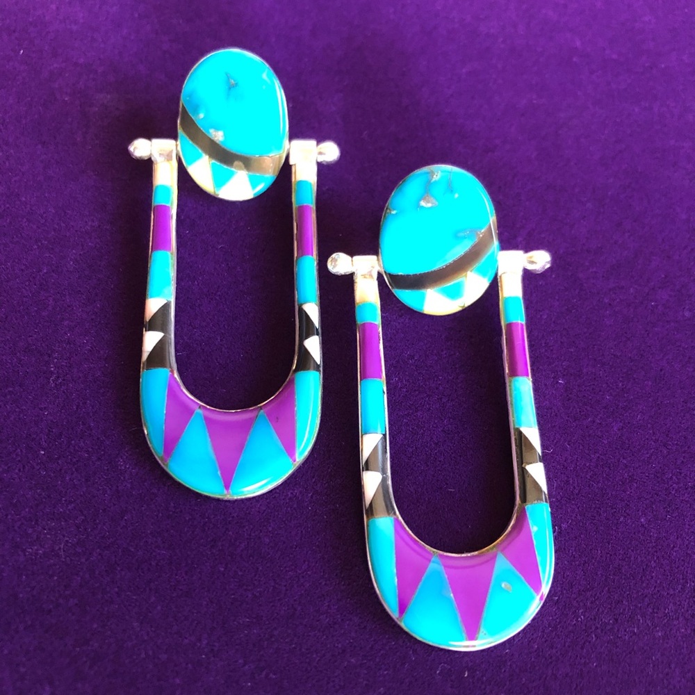Vintage Native American Zuni - Inlay Earrings in Sterling. - Picture 1 of 8